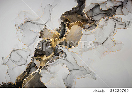 Abstract fluid art painting background in alcohol ink technique, mixture of black, gray and gold paints. 83220766