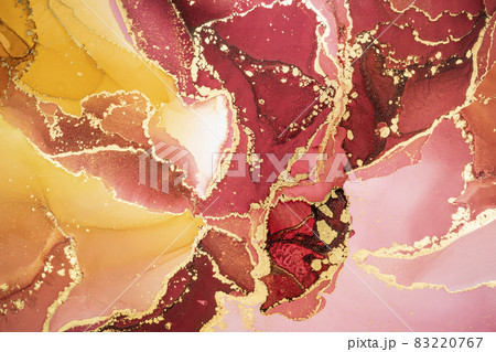 Abstract fluid art painting background in alcohol ink technique, mixture of pink, red and yellow paints with golden veins. 83220767