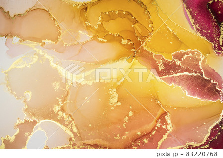 Abstract fluid art painting background in alcohol ink technique, mixture of pink, red and yellow paints with golden veins. 83220768