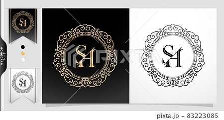 illustration of a labels and badges, Set of label initial SH or HS letter, Circle gold frame border with ornament pattern. applicable for letterpress, embroidery, invitation wedding monogram, and sign illustration of a labels and badges, Set of label initial SH or HS letter, Circle gold frame border with ornament pattern. applicable for letterpress, embroidery, invitation wedding monogram, and sign 83223085