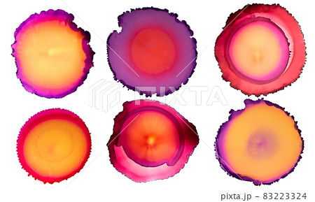 Abstract poster of alcohol ink stains and tree silhouettes. Soft gradients of pinks and yellow sky. Day and night, lifetime, change of seasons. Vacation vibe.  83223324
