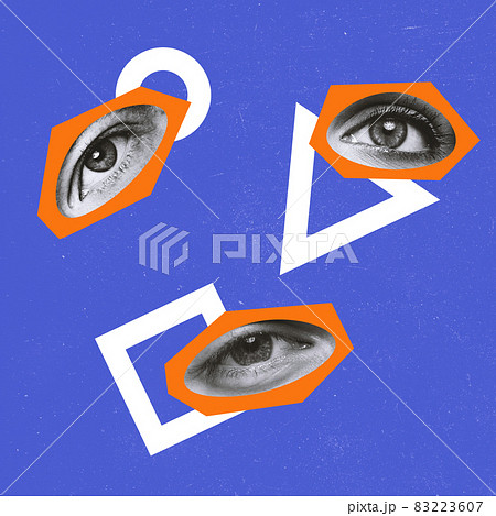 Contemporary art collage of human eyes and geometric figures isolated over blue background 83223607