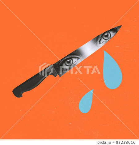 Contemporary art collage of knife with female eyes and teardrops falling isolated over orange background 83223616