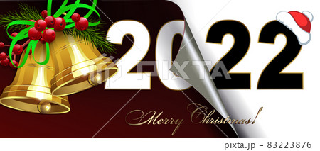Happy new year 2022, christmas composition folded leaf, green tree with golden bells 83223876