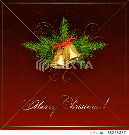 Red card with snowflakes, isolated golden shiny bells, spruce branches and red bow 83223877