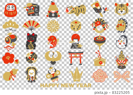 正月と年賀状の縁起物アイコンセット 83225205