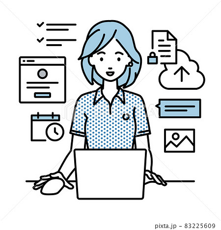 デスクで座ってpcでプロジェクトやタスクの管理の仕事をしているポロシャツの女性のイラスト素材