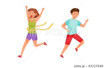 Young Man and Woman in Sportswear Running Marathon Vector Set 83225680