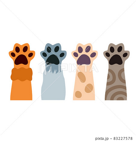 Set of different paw. Cat hands of different colors. Collection of breeds of Pets. Spots and stripes. Cartoon flat illustration. White, black, red, grey animal with fur 83227578