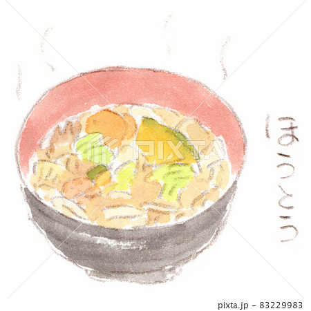 秋・冬はお鍋で温まろう：お椀によそってあるほうとう（鍋物、めん類、うどん）の水彩イラスト 83229983