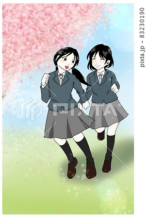 桜が舞う中 駆け出す女子学生のイラストのイラスト素材