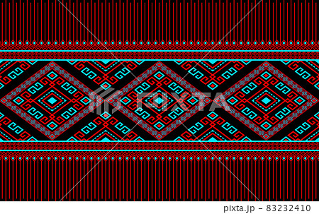 Red Turquoise Symmetry Geometric Native or Tribal Seamless Pattern on Black Background 83232410