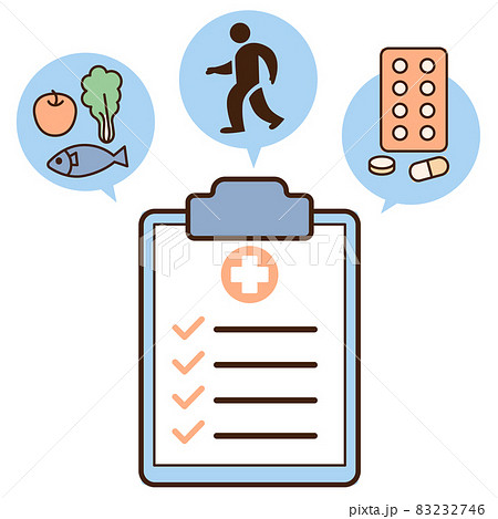 食生活、運動、服薬を問診票で確認するベクターイラスト 食生活、運動、服薬を問診票で確認するベクターイラスト 83232746