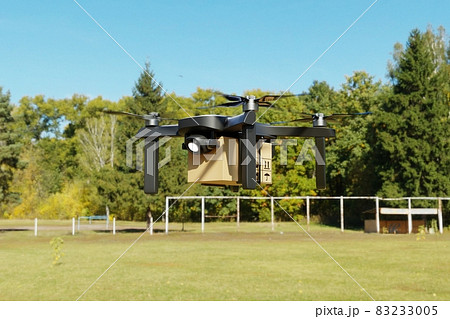 Delivery flying air drone in farm house. Business technology transportation and agriculture concept. Online shopping and service for customer house. 3D illustration rendering Delivery flying air drone in farm house. Business technology transportation and agriculture concept. Online shopping and service for customer house. 3D illustration rendering 83233005