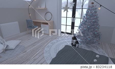 Christmas winter bedroom. 3D illustration Christmas winter bedroom. 3D illustration 83234118