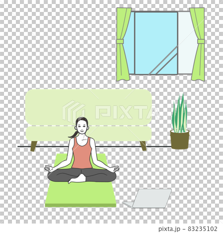 一個年輕微笑的女人在家裡做瑜伽姿勢 Scarsana 全身的簡單線條畫插圖 83235102