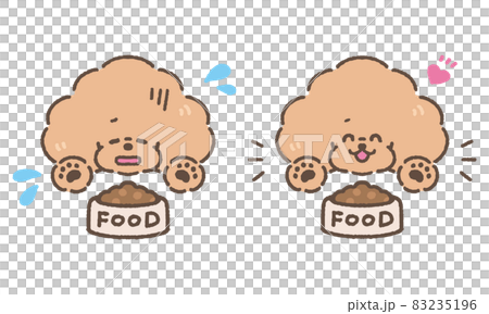 ドッグフードとトイプードル犬のベクターイラスト。食べる　食べない 83235196