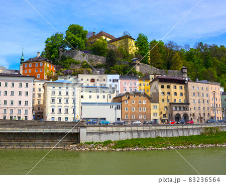 Beautiful view of Salzburg skyline with Salzach river in summer, Salzburg, Austria Beautiful view of Salzburg skyline with Salzach river in summer, Salzburg, Austria 83236564