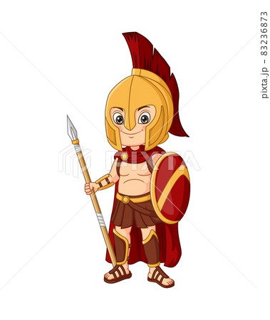 Cartoon spartan warrior boy holding spear and shield Cartoon spartan warrior boy holding spear and shield 83236873