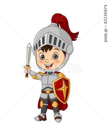 Cartoon knight boy holding sword and shield Cartoon knight boy holding sword and shield 83236874
