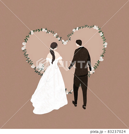 手を繋いだ新郎新婦 男女の後ろ姿 ウエディング 結婚式 フレーム ハート のイラスト素材