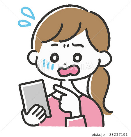 スマートフォンを操作しながら焦っている女性のイラスト　携帯電話　スマホ 83237191