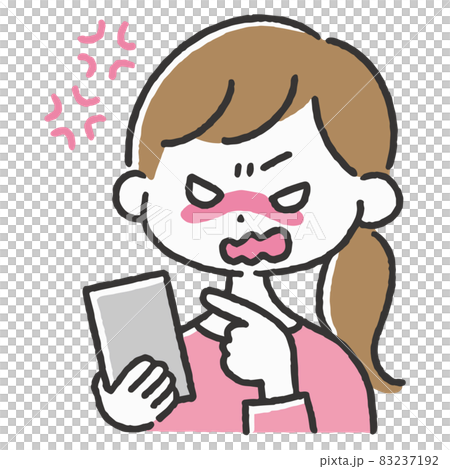 スマートフォンを操作しながら怒っている女性のイラスト　携帯電話　スマホ 83237192