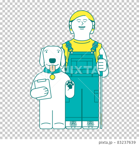 A visually impaired woman with a guide dog and a white cane A visually impaired woman with a guide dog and a white cane 83237639