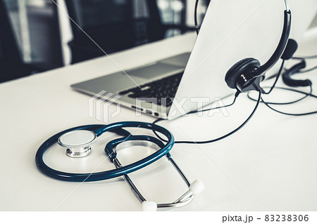 Headset and doctor equipment at clinic ready for actively support for patient Headset and doctor equipment at clinic ready for actively support for patient 83238306