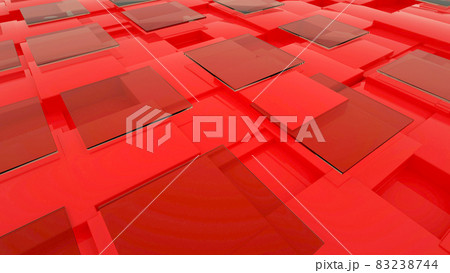 3D illustration of transparent glass rectangles on a red isolated background. Abstract glass panels are lying. 3D graphics 83238744