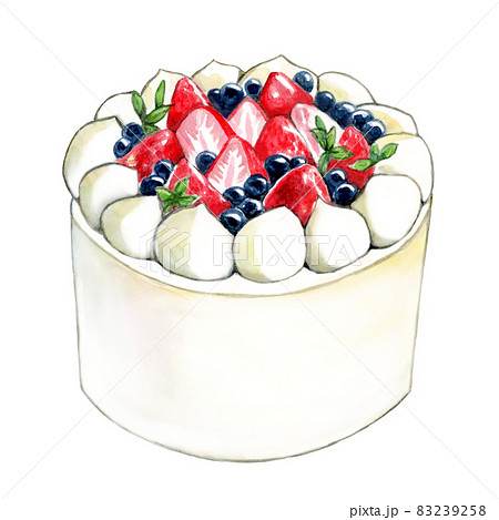 苺とブルーベリーのホールケーキ 誕生日 クリスマス【手描き水彩画】の