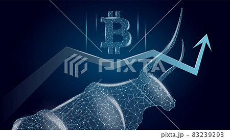 Bullish trend of Bitcoin with a polygonal bull and an upward arrow with BTC symbol on dark blue background. Modern neon vector illustration. 83239293