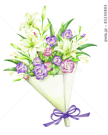 百合と紫のトルコキキョウの花束 手描き色鉛筆画のイラスト素材