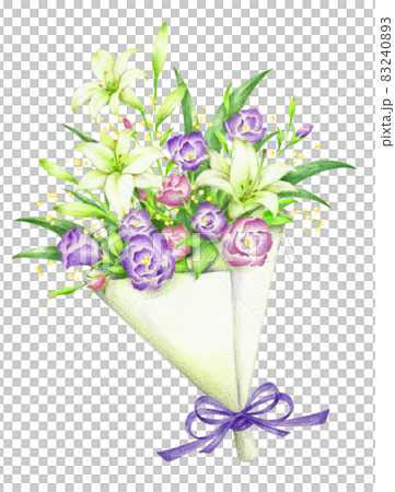 百合と紫のトルコキキョウの花束 手描き色鉛筆画のイラスト素材
