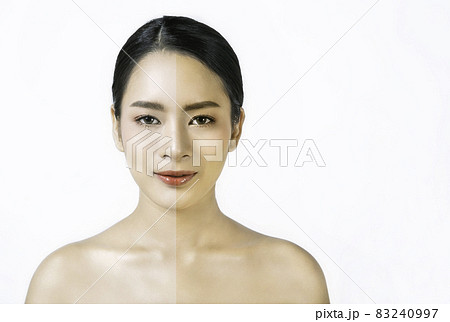 Portrait of attractive asian woman with perfect healthy glow skin half face tan skin isolated on white background, asian beauty korean girl pretty smile face. Beauty clinic tanned skincare spa concept 83240997