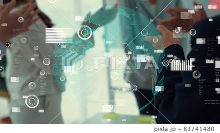 Business people in corporate staff meeting with envisional graphic Business people in corporate staff meeting with envisional graphic 83241480