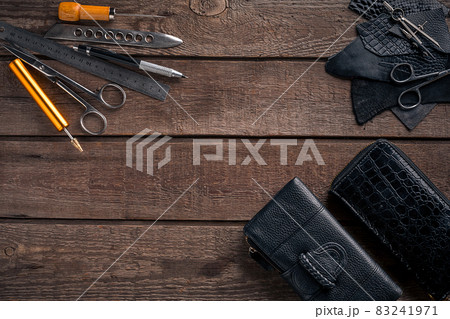 Leather crafting. Tools flat lay still life 83241971