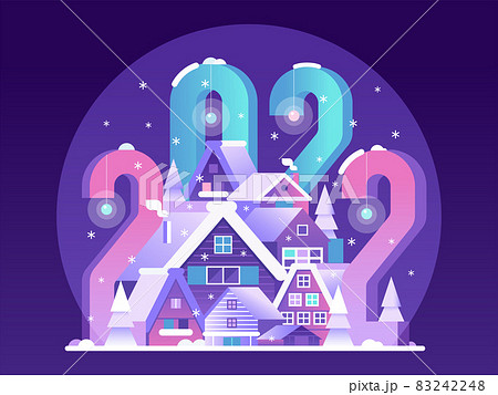 Happy 2022 New Year Scene with Snow Village Happy 2022 New Year Scene with Snow Village 83242248