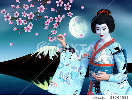 3D Geisha in blue kimono and sakura at night 83244951