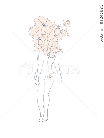 Silhouette of a woman, female body, body positive, cosmetic concept with flowers, trendy beige, template 83245981
