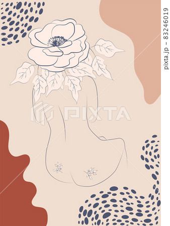 Silhouette of a woman, female body, body positive, cosmetic concept with flowers, trendy beige, template 83246019