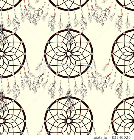 seamless background, retro pattern, ethnic doodle collection, tribal design. Hand drawn illustration with indian dreamcatchers and feathers seamless background, retro pattern, ethnic doodle collection, tribal design. Hand drawn illustration with indian dreamcatchers and feathers 83246020