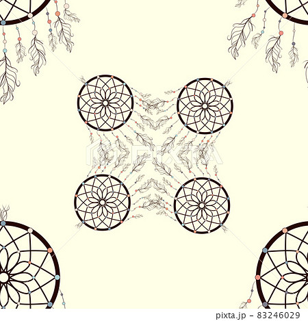 seamless background, retro pattern, ethnic doodle collection, tribal design. Hand drawn illustration with indian dreamcatchers and feathers 83246029