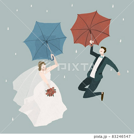 傘をさしてジャンプする新郎新婦 雨の日の結婚式 ウエディング 結婚 Aのイラスト素材