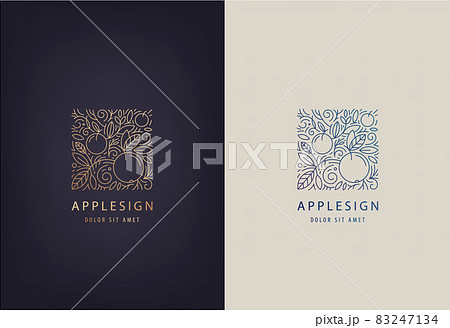 Vector line logo design template leaves and apples. Nature badge for holistic medicine centers, natural and organic food products. 83247134