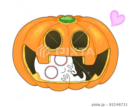 ハロウィンかぼちゃの中に入って笑いかけている可愛いおばけのイラストのイラスト素材