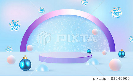 Christmas scene on blue background with podium,drifts, Christmas tree and Christmas balls. Showcase for product presentation. Vector illustration 83249906