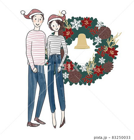 サンタクロース帽子の男女とクリスマスリースのイラスト素材