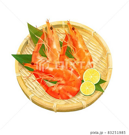 豪華な伊勢海老の盛り合わせ、葉とすだち付きイラストベクター素材 83251985