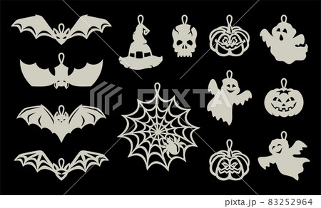 Set of pendants, hanging decorations for Halloween. Silhouettes of pumpkin, bat, skull, magic witch hat, funny ghosts, web with a spider on black background. Vector template for plotter laser cutting. 83252964